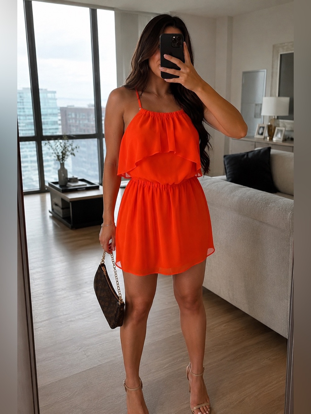 Bebe Bright Orange Party Halter Silky Cocktail Dress